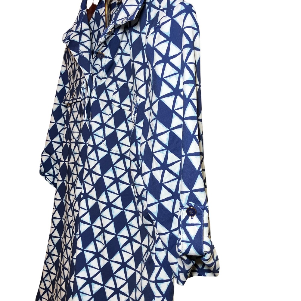 J.McLaughlin Shirt Dress Women S Navy White Geometric Triangle Roll Tab Sleeve - Picture 7 of 11